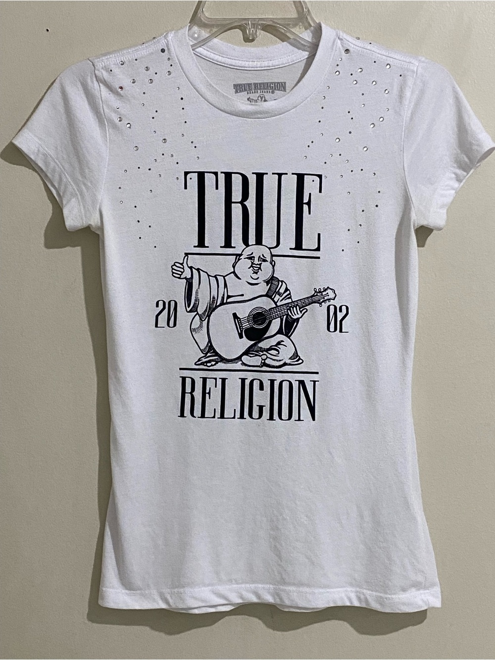 True Religion Women's White Graphic Tee with Stud Accents